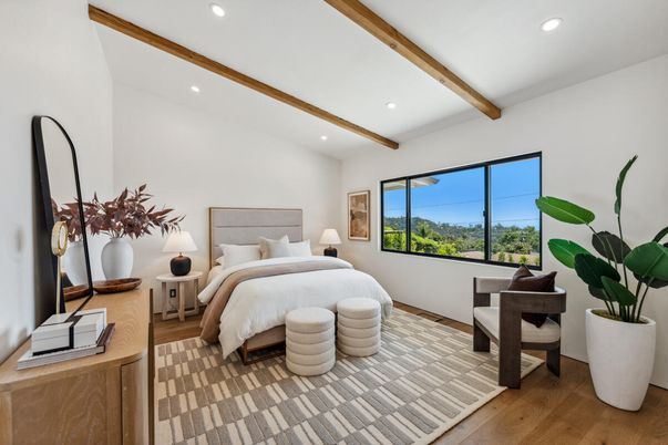 Bedroom, Interior, Recessed Lighting, Wooden Beams, Wood Texture Flooring
