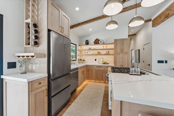 Interior, Kitchen, Pendant Lights, Recessed Lighting, Wooden Beams, Wood Texture Flooring