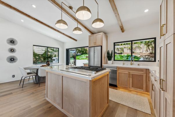 Dining room, Interior, Kitchen, Pendant Lights, Recessed Lighting, Stainless Steel Appliances, Wooden Beams, Wood Texture Flooring