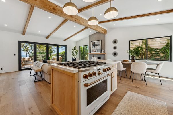 Dining room, Interior, Kitchen, Living room, Pendant Lights, Recessed Lighting, Wooden Beams, Wood Texture Flooring