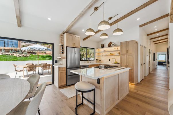 Dining room, Interior, Kitchen, Pendant Lights, Recessed Lighting, Stainless Steel Appliances, Wooden Beams, Wood Texture Flooring