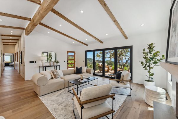 Fireplace, Interior, Living room, Recessed Lighting, Wooden Beams, Wood Texture Flooring