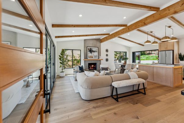Dining room, Fireplace, Interior, Kitchen, Living room, Pendant Lights, Recessed Lighting, Wooden Beams, Wood Texture Flooring