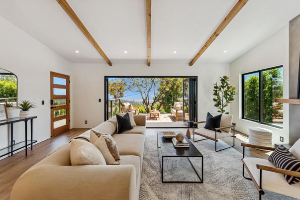 Fireplace, Interior, Living room, Recessed Lighting, Wooden Beams, Wood Texture Flooring