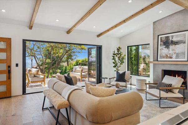 Fireplace, Interior, Living room, Recessed Lighting, Wooden Beams, Wood Texture Flooring