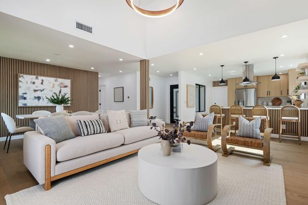 Interior, Kitchen, Living room, Pendant Lights, Recessed Lighting, Wood Texture Flooring
