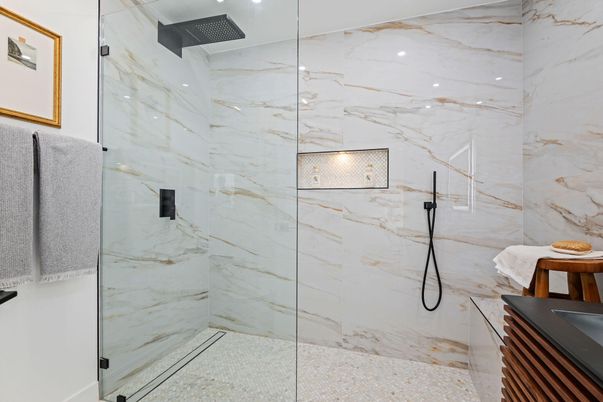 Bathroom, Glass Shower, Interior, Marble Walls, Recessed Lighting