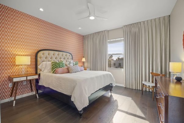 Bedroom, Interior, Recessed Lighting, Wood Texture Flooring