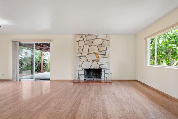 Empty room, Fireplace, Interior, Stone Walls, Wood Texture Flooring