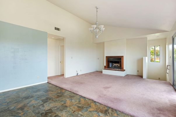Chandelier, Empty room, Fireplace, Interior