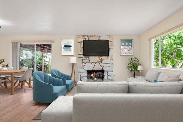 Dining room, Fireplace, Interior, Living room, Stone Walls, Wood Texture Flooring