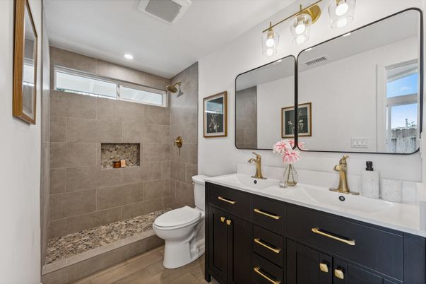 Bathroom, Dual Sink Vanities, Interior, Recessed Lighting, Wood Texture Flooring