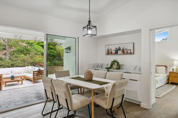 Bedroom, Dining room, Interior, Pendant Lights, Wood Texture Flooring