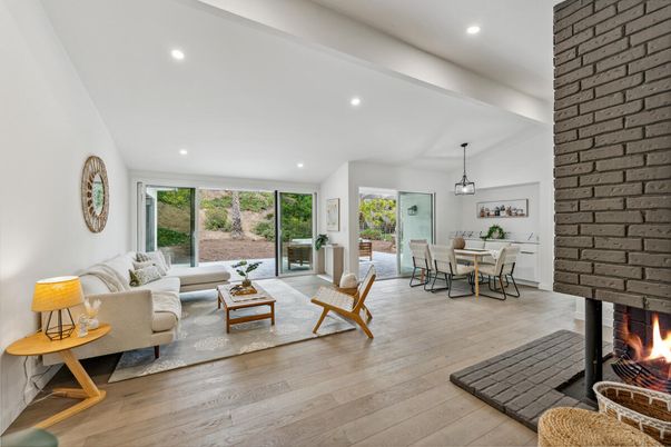 Dining room, Fireplace, Interior, Living room, Pendant Lights, Recessed Lighting, Stone Walls, Wood Texture Flooring