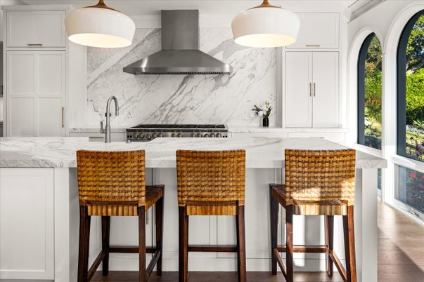 Interior, Kitchen, Marble Walls, Pendant Lights, Wood Texture Flooring