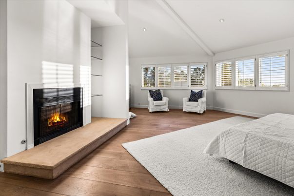 Bedroom, Fireplace, Interior, Recessed Lighting, Wood Texture Flooring