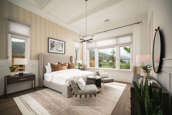 Bedroom, Interior, Pendant Lights, Recessed Lighting, Wood Texture Flooring