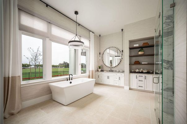 Bathroom, Dual Sink Vanities, Free Standing Baths, Glass Shower, Interior, Pendant Lights, Recessed Lighting