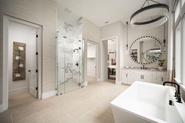 Bathroom, Dual Sink Vanities, Free Standing Baths, Glass Shower, Interior, Marble Walls