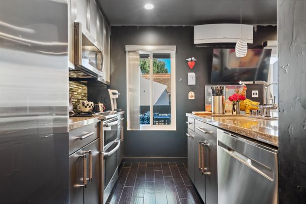 Interior, Kitchen, Pendant Lights, Recessed Lighting, Stainless Steel Appliances, Wood Texture Flooring