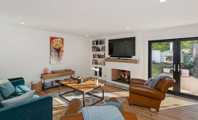 Fireplace, Interior, Living room, Recessed Lighting, Wood Texture Flooring
