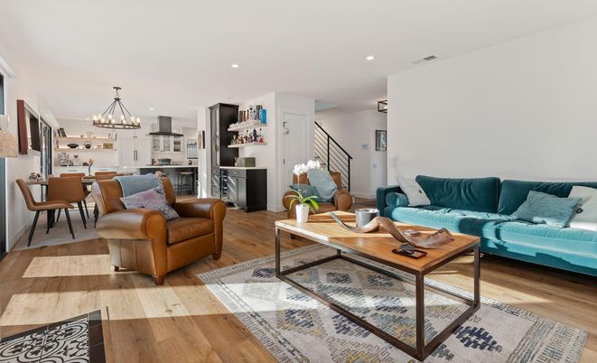 Chandelier, Dining room, Interior, Kitchen, Living room, Pendant Lights, Recessed Lighting, Wood Texture Flooring