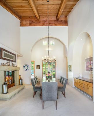 Chandelier, Dining room, Fireplace, Interior, Wooden Beams, Wooden Ceilings