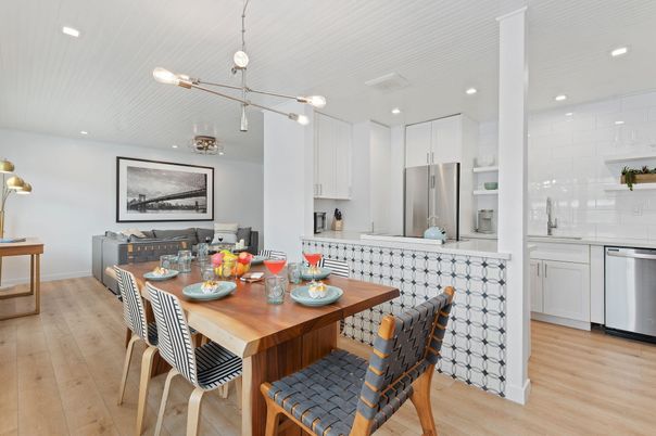 Dining room, Interior, Kitchen, Pendant Lights, Recessed Lighting, Stainless Steel Appliances, Wood Texture Flooring