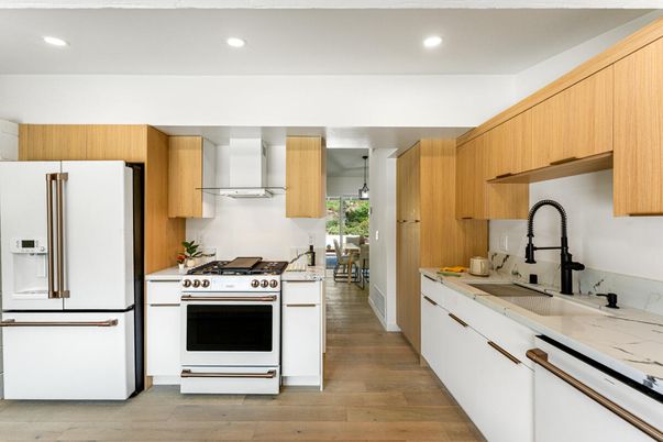 Interior, Kitchen, Pendant Lights, Recessed Lighting, Stainless Steel Appliances, Wood Texture Flooring