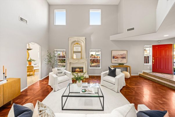 Fireplace, Interior, Living room, Recessed Lighting, Wood Texture Flooring