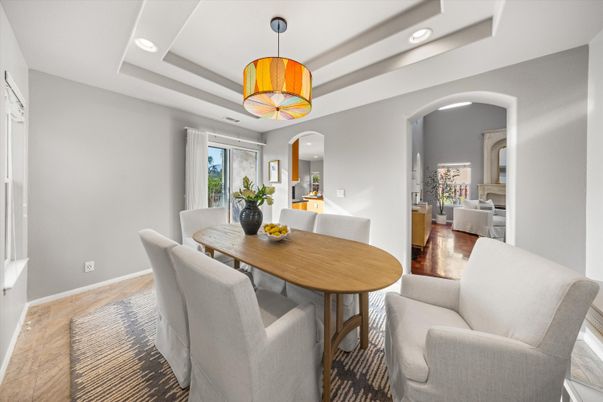 Dining room, Interior, Living room, Pendant Lights, Recessed Lighting, Wood Texture Flooring