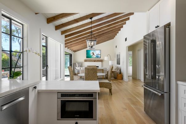 Dining room, Interior, Kitchen, Living room, Pendant Lights, Stainless Steel Appliances, Wooden Beams, Wooden Ceilings, Wood Texture Flooring