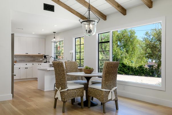 Dining room, Interior, Kitchen, Pendant Lights, Recessed Lighting, Wooden Beams, Wood Texture Flooring