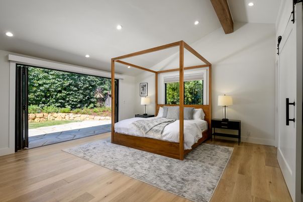Bedroom, Interior, Recessed Lighting, Wooden Beams, Wood Texture Flooring