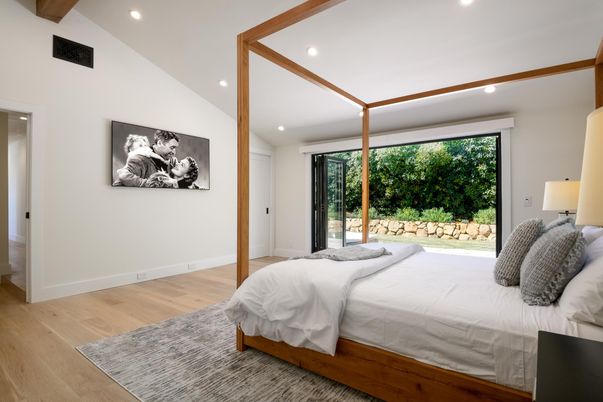 Bedroom, Interior, Recessed Lighting, Wooden Beams, Wood Texture Flooring