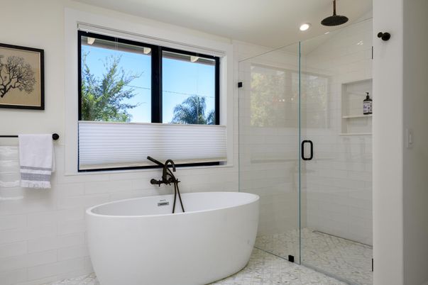 Bathroom, Free Standing Baths, Glass Shower, Interior, Recessed Lighting