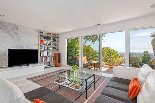 Interior, Living room, Marble Walls, Recessed Lighting, Wood Texture Flooring