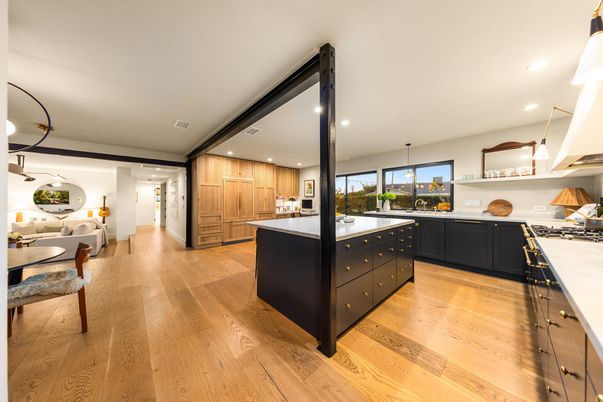 Dining room, Interior, Kitchen, Pendant Lights, Recessed Lighting, Wood Texture Flooring