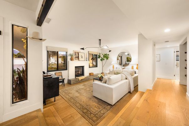 Fireplace, Interior, Living room, Recessed Lighting, Wood Texture Flooring
