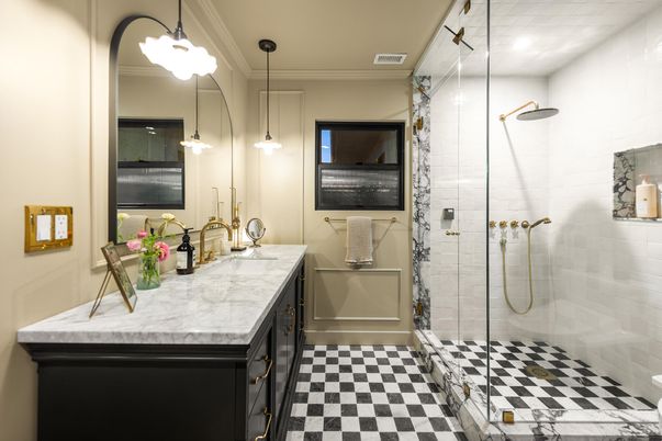 Bathroom, Dual Sink Vanities, Glass Shower, Interior, Pendant Lights