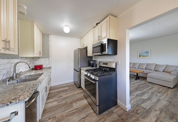 Interior, Kitchen, Living room, Stainless Steel Appliances, Wood Texture Flooring