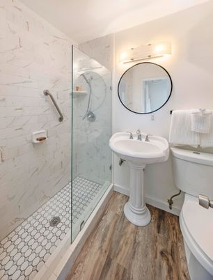 Bathroom, Glass Shower, Interior, Marble Walls, Wood Texture Flooring