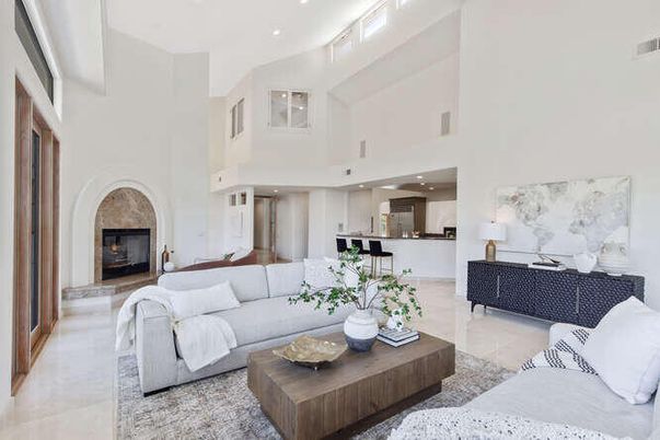 Fireplace, Interior, Kitchen, Living room, Recessed Lighting