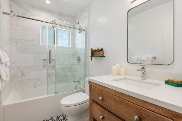 Bathroom, Glass Shower, Interior, Marble Walls, Recessed Lighting