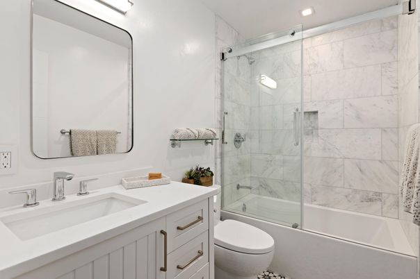 Bathroom, Glass Shower, Interior, Marble Walls, Recessed Lighting