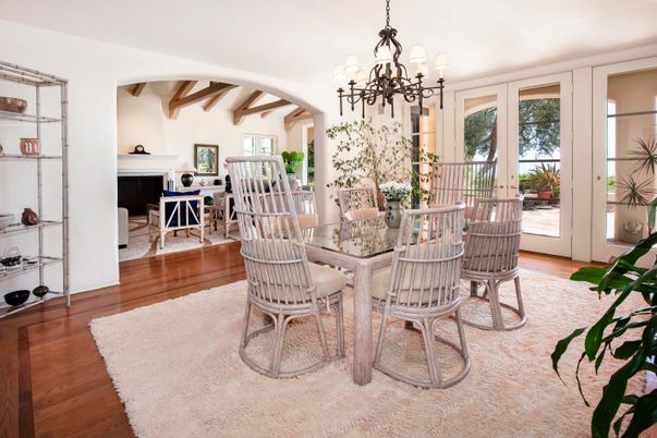 Chandelier, Dining room, Fireplace, Interior, Wooden Beams, Wood Texture Flooring