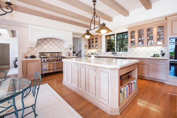 Interior, Kitchen, Pendant Lights, Recessed Lighting, Stainless Steel Appliances, Wooden Beams, Wood Texture Flooring