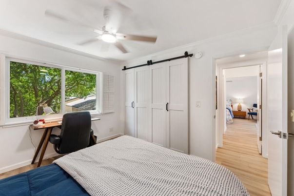 Bedroom, Home Office, Interior, Recessed Lighting, Wood Texture Flooring