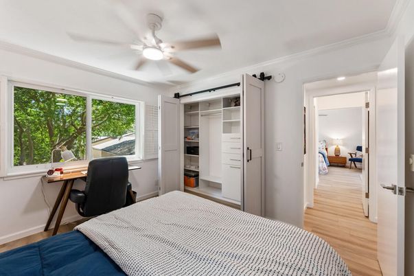 Bedroom, Home Office, Interior, Recessed Lighting, Wood Texture Flooring