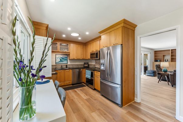 Dining room, Interior, Kitchen, Recessed Lighting, Stainless Steel Appliances, Wood Texture Flooring